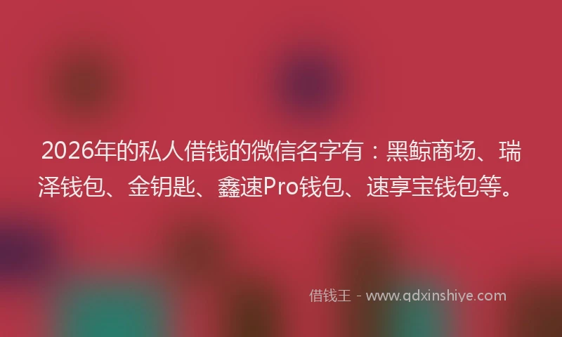 2026年的私人借钱的微信名字有：黑鲸商场、瑞泽钱包、金钥匙、鑫速Pro钱包、速享宝钱包等。