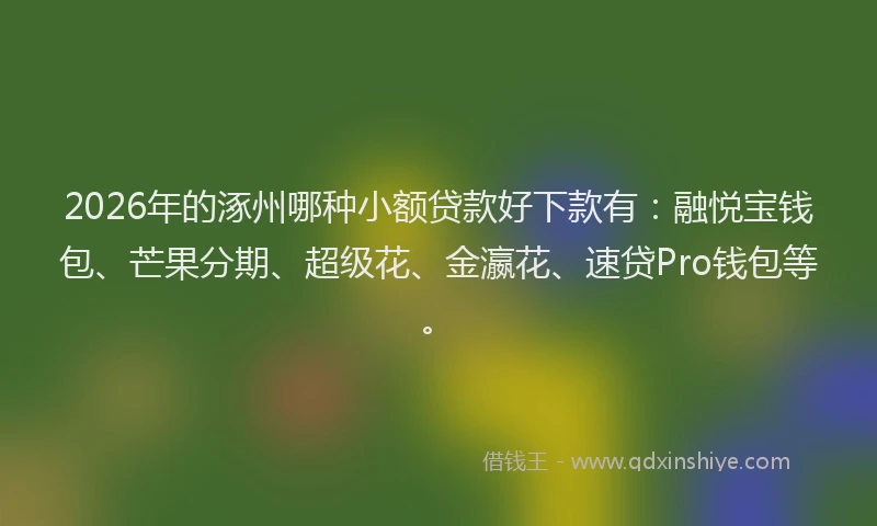 2026年的涿州哪种小额贷款好下款有：融悦宝钱包、芒果分期、超级花、金瀛花、速贷Pro钱包等。