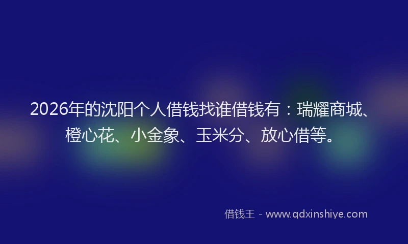 2026年的沈阳个人借钱找谁借钱有：瑞耀商城、橙心花、小金象、玉米分、放心借等。