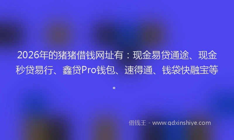 2026年的猪猪借钱网址有：现金易贷通途、现金秒贷易行、鑫贷Pro钱包、速得通、钱袋快融宝等。