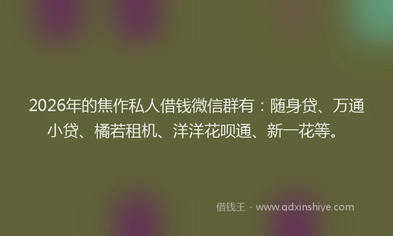 2026年的焦作私人借钱微信群有：随身贷、万通小贷、橘若租机、洋洋花呗通、新一花等。