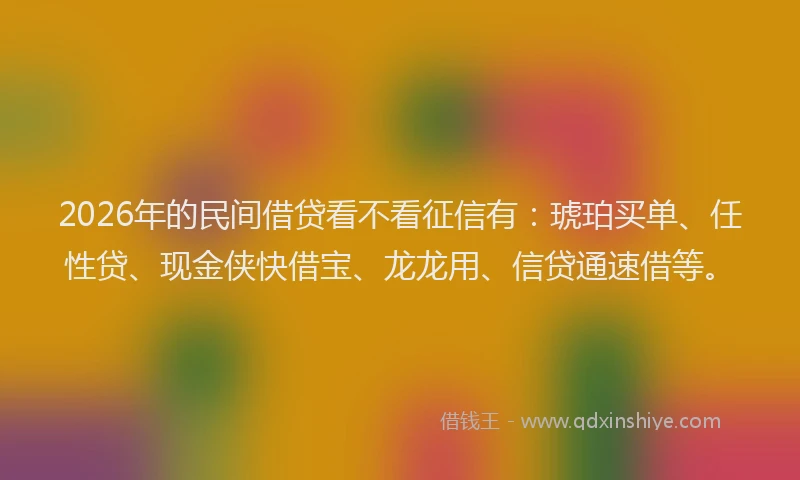 2026年的民间借贷看不看征信有：琥珀买单、任性贷、现金侠快借宝、龙龙用、信贷通速借等。
