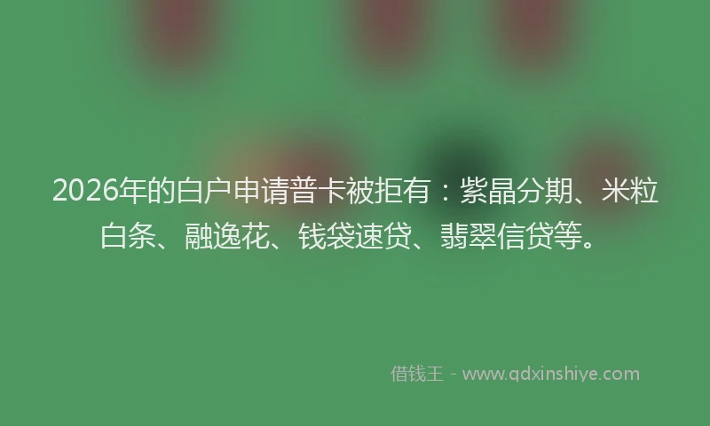 2026年的白户申请普卡被拒有：紫晶分期、米粒白条、融逸花、钱袋速贷、翡翠信贷等。