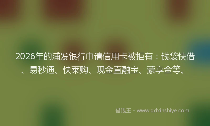 2026年的浦发银行申请信用卡被拒有：钱袋快借、易秒通、快莱购、现金直融宝、蒙享金等。