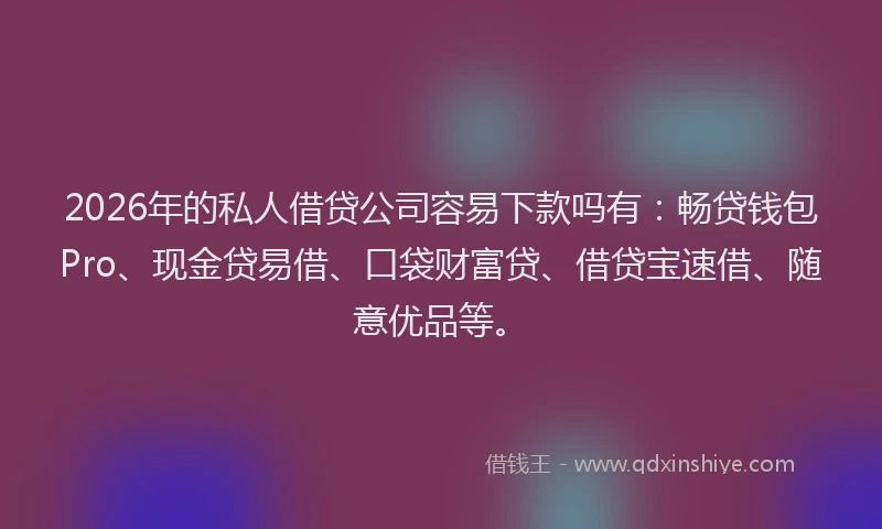 2026年的私人借贷公司容易下款吗有:畅贷钱包Pro、现金贷易借、口袋财富贷、借贷宝速借、随意优品等。
