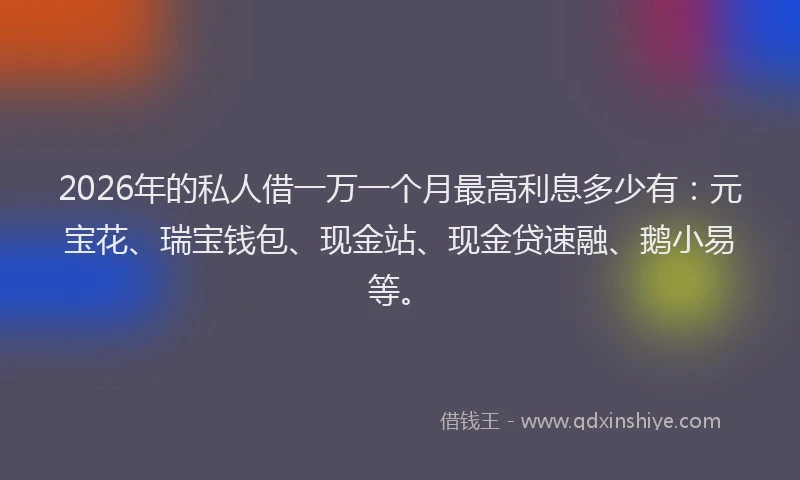 2026年的私人借一万一个月最高利息多少有:元宝花、瑞宝钱包、现金站、现金贷速融、鹅小易等。