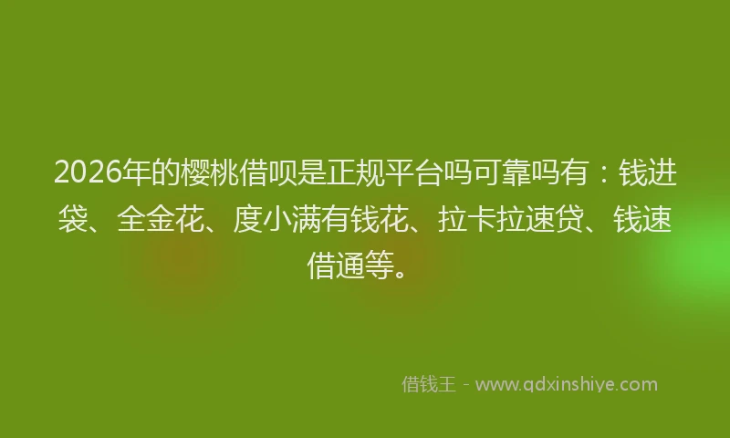2026年的樱桃借呗是正规平台吗可靠吗有：钱进袋、全金花、度小满有钱花、拉卡拉速贷、钱速借通等。