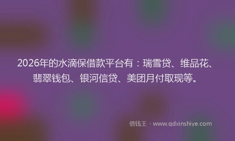 2026年的水滴保借款平台有：瑞雪贷、维品花、翡翠钱包、银河信贷、美团月付取现等。