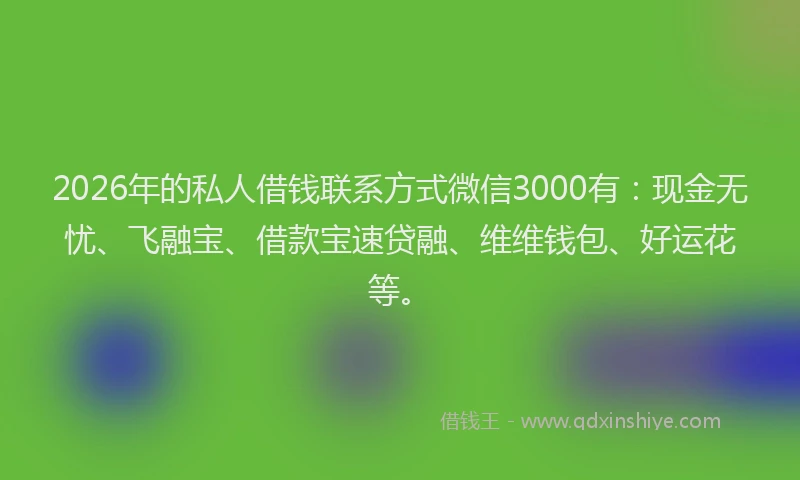 2026年的私人借钱联系方式微信3000有：现金无忧、飞融宝、借款宝速贷融、维维钱包、好运花等。