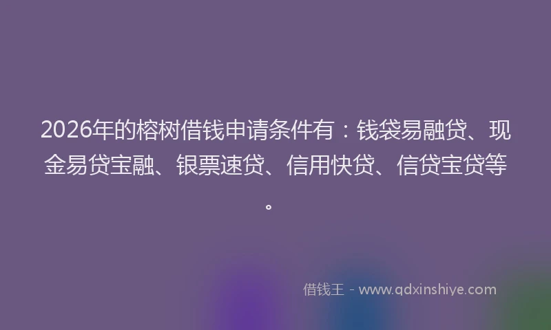 2026年的榕树借钱申请条件有：钱袋易融贷、现金易贷宝融、银票速贷、信用快贷、信贷宝贷等。