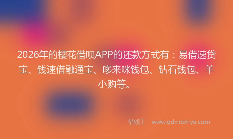 2026年的樱花借呗APP的还款方式有：易借速贷宝、钱速借融通宝、哆来咪钱包、钻石钱包、羊小购等。