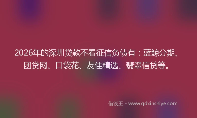2026年的深圳贷款不看征信负债有：蓝鲸分期、团贷网、口袋花、友佳精选、翡翠信贷等。