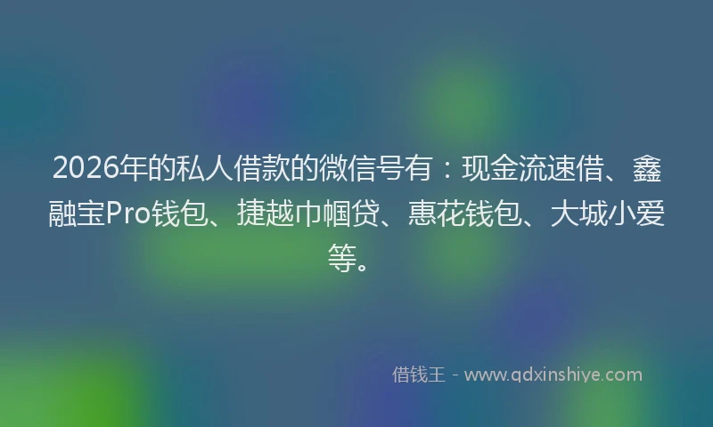 2026年的私人借款的微信号有：现金流速借、鑫融宝Pro钱包、捷越巾帼贷、惠花钱包、大城小爱等。