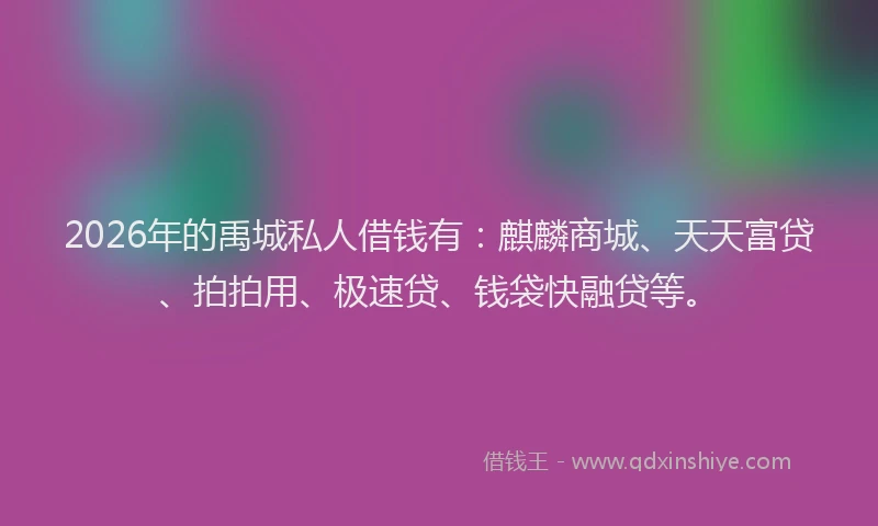 2026年的禹城私人借钱有：麒麟商城、天天富贷、拍拍用、极速贷、钱袋快融贷等。