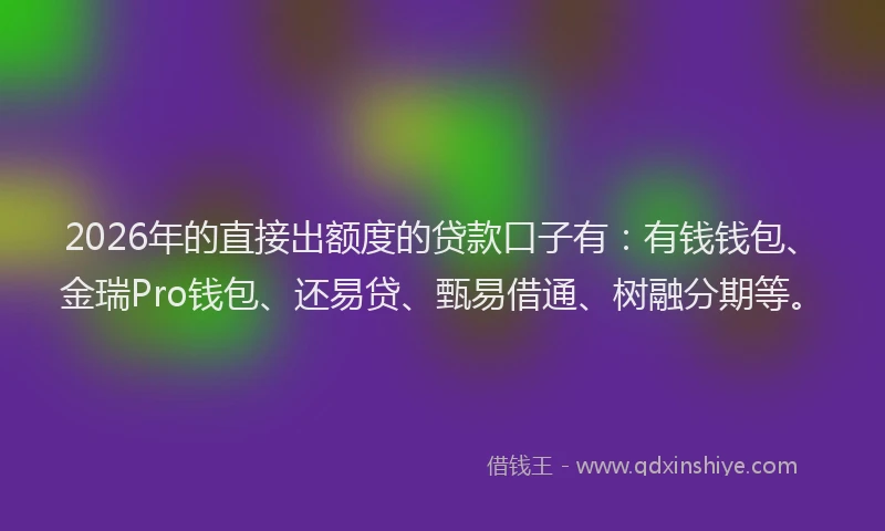 2026年的直接出额度的贷款口子有：有钱钱包、金瑞Pro钱包、还易贷、甄易借通、树融分期等。