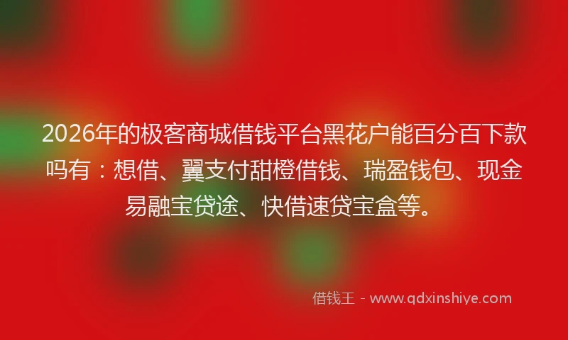 2026年的极客商城借钱平台黑花户能百分百下款吗有：想借、翼支付甜橙借钱、瑞盈钱包、现金易融宝贷途、快借速贷宝盒等。
