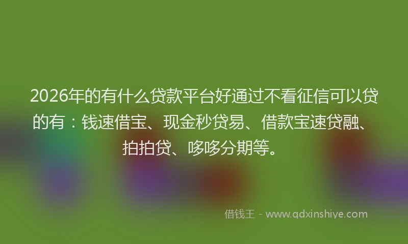 2026年的有什么贷款平台好通过不看征信可以贷的有：钱速借宝、现金秒贷易、借款宝速贷融、拍拍贷、哆哆分期等。