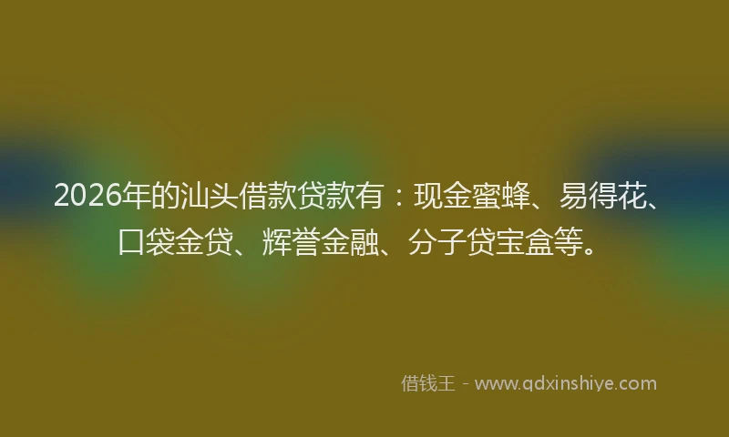 2026年的汕头借款贷款有：现金蜜蜂、易得花、口袋金贷、辉誉金融、分子贷宝盒等。