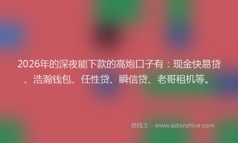 2026年的深夜能下款的高炮口子有:现金快易贷、浩瀚钱包、任性贷、瞬信贷、老哥租机等。