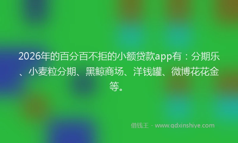 2026年的百分百不拒的小额贷款app有：分期乐、小麦粒分期、黑鲸商场、洋钱罐、微博花花金等。
