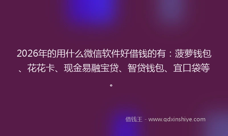 2026年的用什么微信软件好借钱的有：菠萝钱包、花花卡、现金易融宝贷、智贷钱包、宜口袋等。