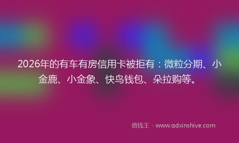 2026年的有车有房信用卡被拒有：微粒分期、小金鹿、小金象、快鸟钱包、朵拉购等。