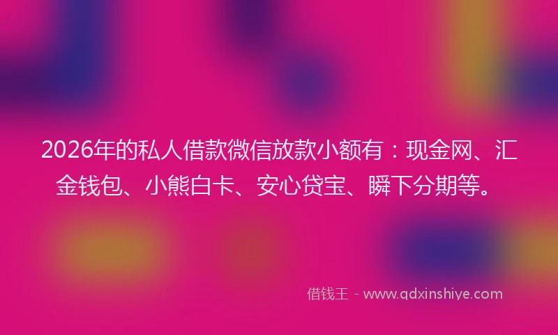 2026年的私人借款微信放款小额有：现金网、汇金钱包、小熊白卡、安心贷宝、瞬下分期等。