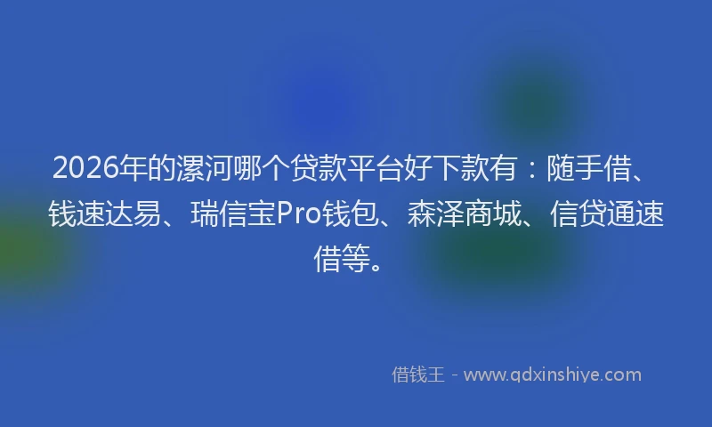 2026年的漯河哪个贷款平台好下款有：随手借、钱速达易、瑞信宝Pro钱包、森泽商城、信贷通速借等。