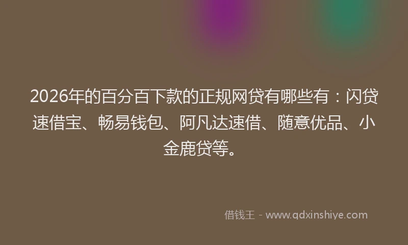 2026年的百分百下款的正规网贷有哪些有：闪贷速借宝、畅易钱包、阿凡达速借、随意优品、小金鹿贷等。