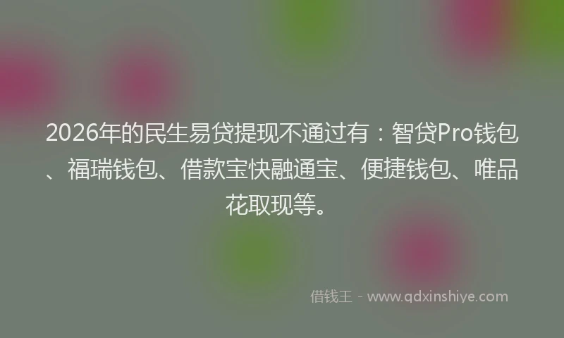 2026年的民生易贷提现不通过有：智贷Pro钱包、福瑞钱包、借款宝快融通宝、便捷钱包、唯品花取现等。