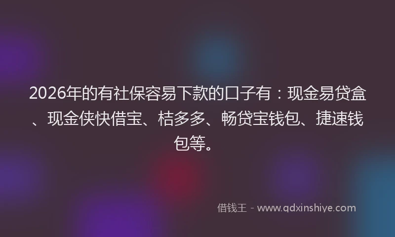 2026年的有社保容易下款的口子有：现金易贷盒、现金侠快借宝、桔多多、畅贷宝钱包、捷速钱包等。