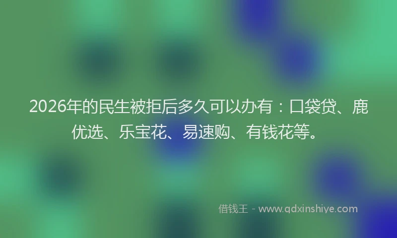2026年的民生被拒后多久可以办有:口袋贷、鹿优选、乐宝花、易速购、有钱花等。