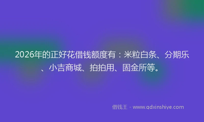 2026年的正好花借钱额度有：米粒白条、分期乐、小吉商城、拍拍用、固金所等。