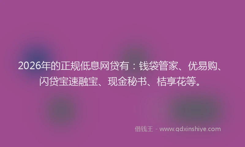 2026年的正规低息网贷有：钱袋管家、优易购、闪贷宝速融宝、现金秘书、桔享花等。