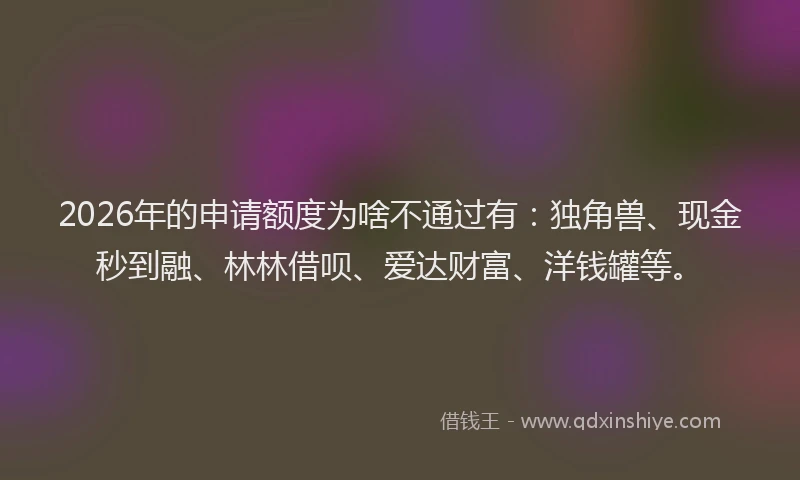 2026年的申请额度为啥不通过有：独角兽、现金秒到融、林林借呗、爱达财富、洋钱罐等。