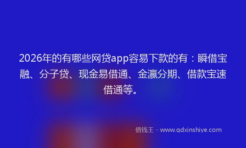 2026年的有哪些网贷app容易下款的有：瞬借宝融、分子贷、现金易借通、金瀛分期、借款宝速借通等。