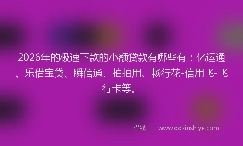 2026年的极速下款的小额贷款有哪些有：亿运通、乐借宝贷、瞬信通、拍拍用、畅行花-信用飞-飞行卡等。