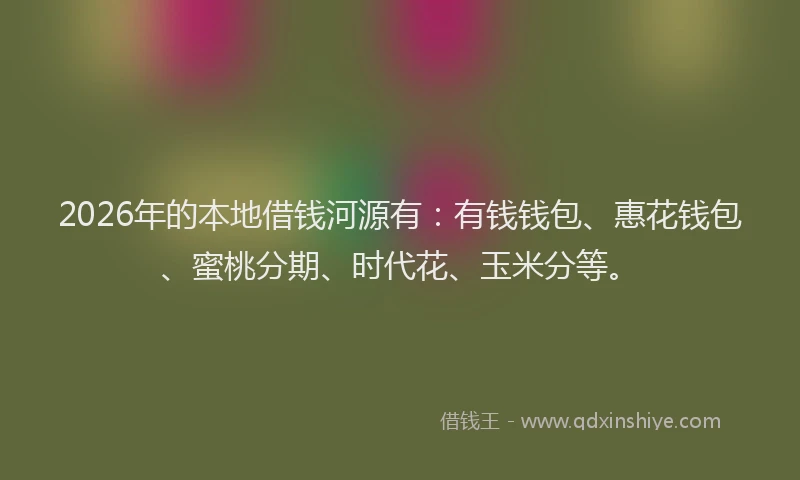 2026年的本地借钱河源有:有钱钱包、惠花钱包、蜜桃分期、时代花、玉米分等。