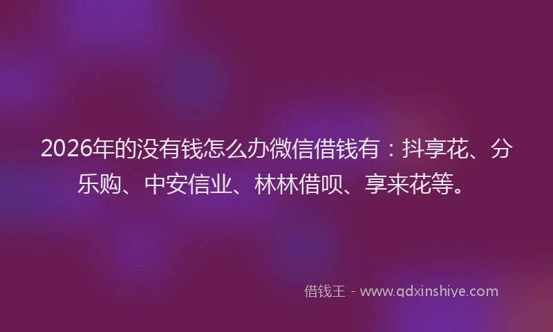 2026年的没有钱怎么办微信借钱有：抖享花、分乐购、中安信业、林林借呗、享来花等。
