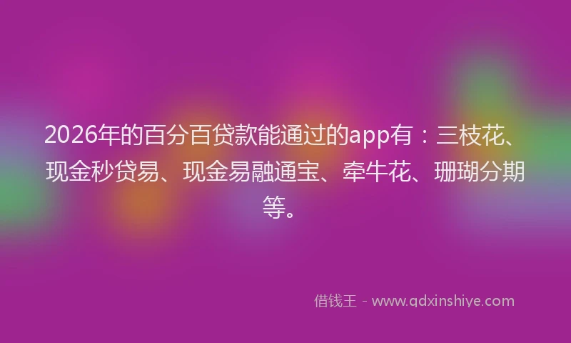 2026年的百分百贷款能通过的app有：三枝花、现金秒贷易、现金易融通宝、牵牛花、珊瑚分期等。