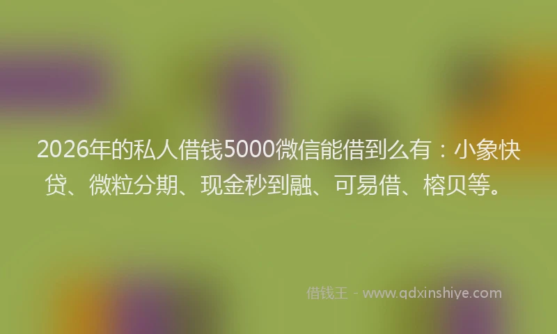 2026年的私人借钱5000微信能借到么有：小象快贷、微粒分期、现金秒到融、可易借、榕贝等。