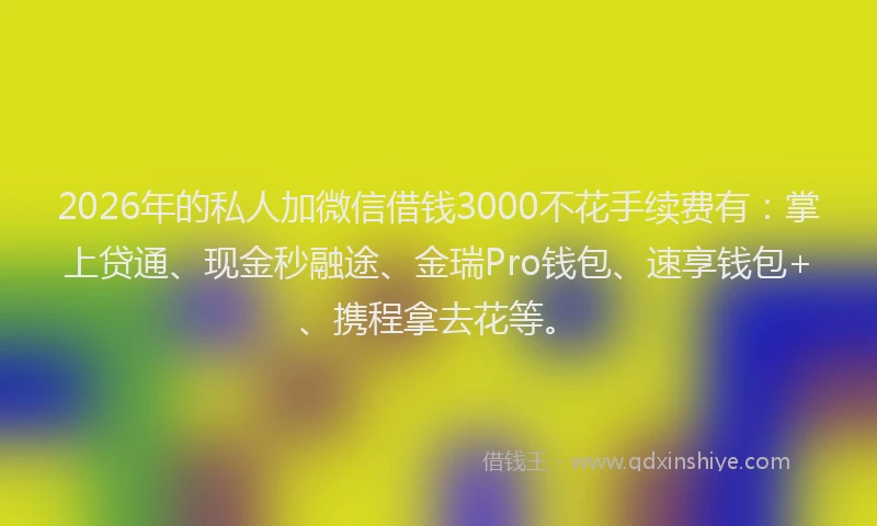 2026年的私人加微信借钱3000不花手续费有：掌上贷通、现金秒融途、金瑞Pro钱包、速享钱包+、携程拿去花等。