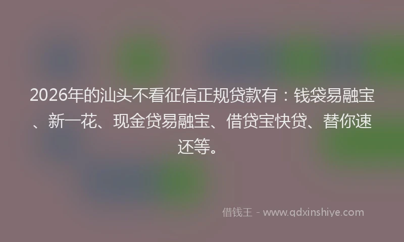 2026年的汕头不看征信正规贷款有:钱袋易融宝、新一花、现金贷易融宝、借贷宝快贷、替你速还等。