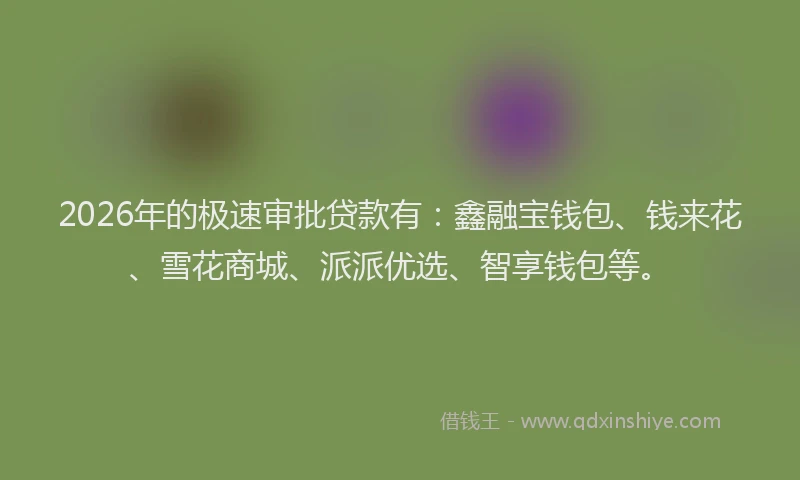 2026年的极速审批贷款有:鑫融宝钱包、钱来花、雪花商城、派派优选、智享钱包等。