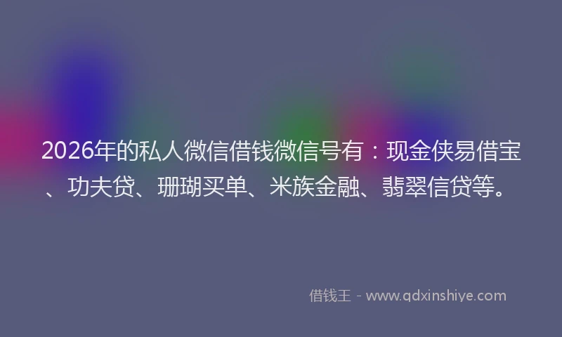 2026年的私人微信借钱微信号有：现金侠易借宝、功夫贷、珊瑚买单、米族金融、翡翠信贷等。