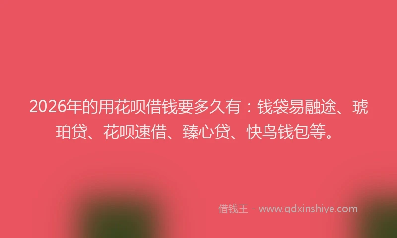 2026年的用花呗借钱要多久有:钱袋易融途、琥珀贷、花呗速借、臻心贷、快鸟钱包等。