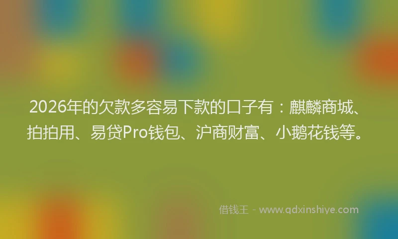 2026年的欠款多容易下款的口子有：麒麟商城、拍拍用、易贷Pro钱包、沪商财富、小鹅花钱等。