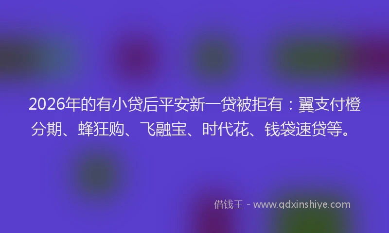 2026年的有小贷后平安新一贷被拒有：翼支付橙分期、蜂狂购、飞融宝、时代花、钱袋速贷等。