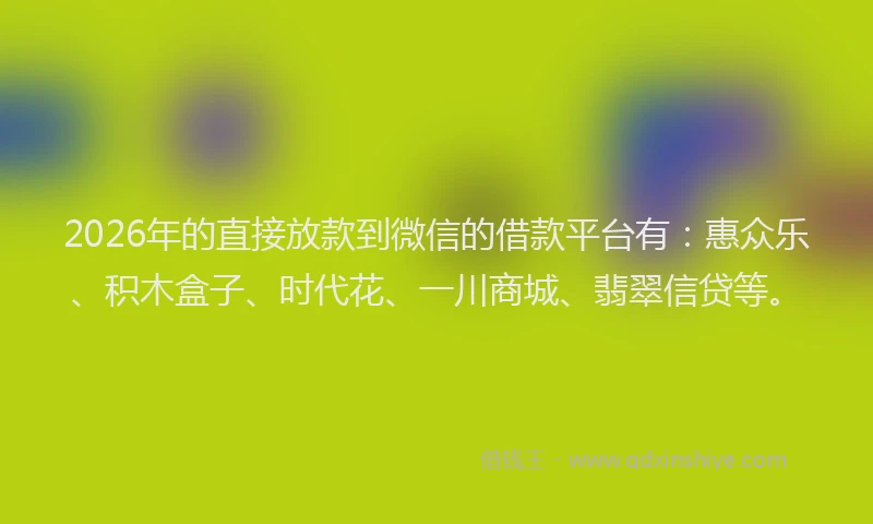 2026年的直接放款到微信的借款平台有：惠众乐、积木盒子、时代花、一川商城、翡翠信贷等。