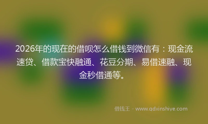 2026年的现在的借呗怎么借钱到微信有：现金流速贷、借款宝快融通、花豆分期、易借速融、现金秒借通等。